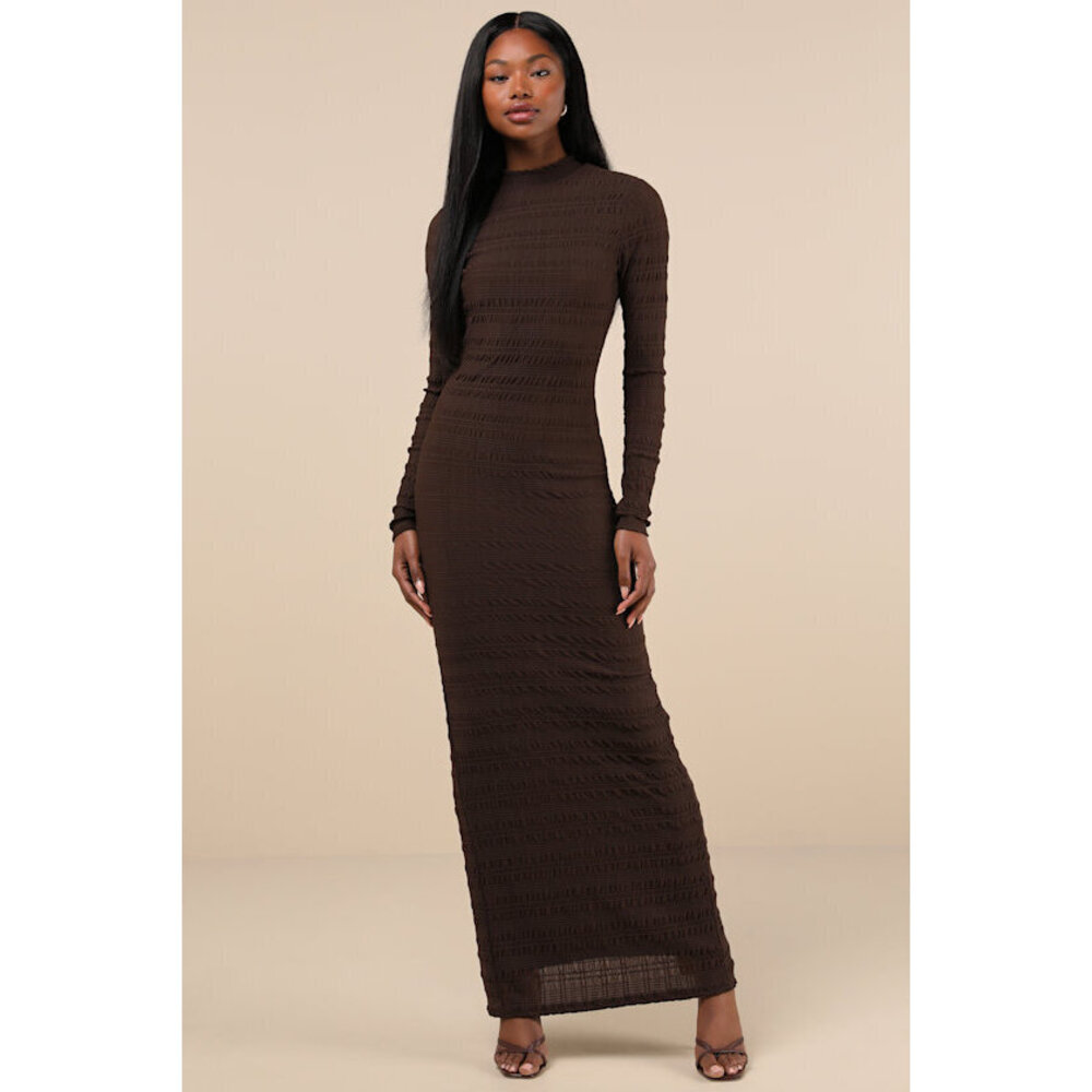 Lulus -Trendsetting Design Brown Textured Long Sleeve Maxi Dress - Size M